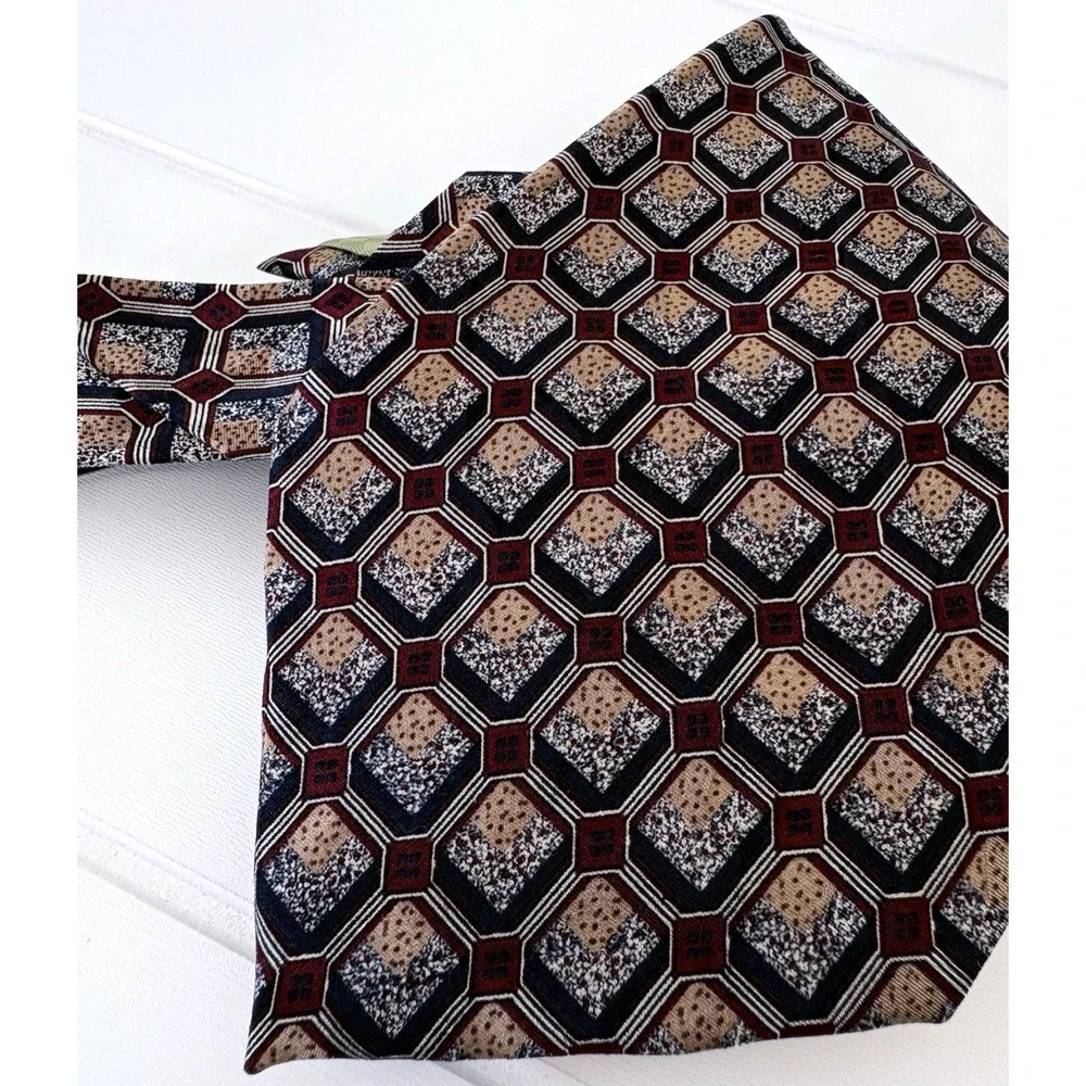 Ron Chereskin Silk Tie Handmade Korea Geometric 90s Burgundy Cream Beige 58.5